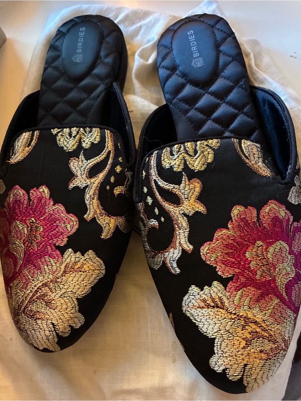 Birdies Black Slip-On Mules with Pink & Gold Floral Embroidery - SZ 10